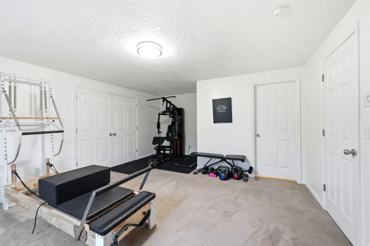 Versatile room with plush carpet flooring, multiple white paneled doors, and a ceiling-mounted light fixture