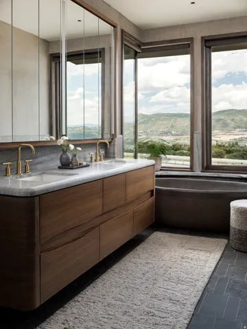 Modern double vanity with integrated sinks, light-toned stone countertop, and brass fixtures