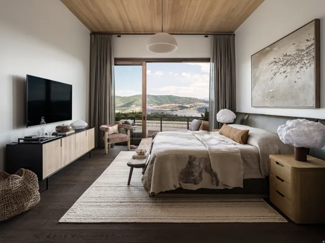 Wood-paneled ceiling with recessed lighting