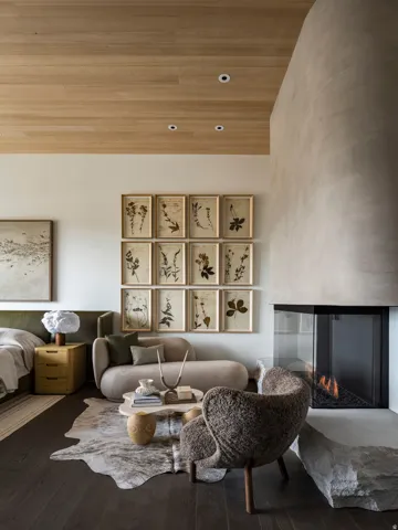 Modern living space featuring a built-in fireplace with a glass enclosure and a stone hearth
