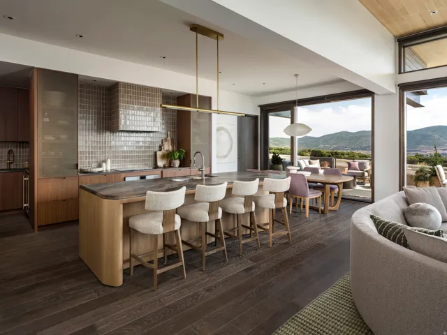 Open-concept living space featuring a gourmet kitchen with a curved island, integrated appliances, and a tiled backsplash