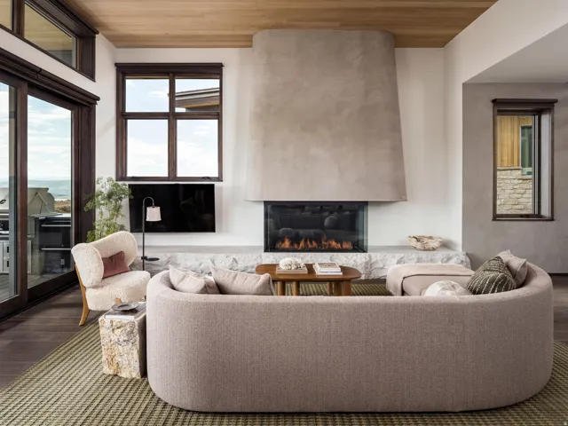 Contemporary living space featuring a floor-to-ceiling fireplace with a glass-enclosed firebox