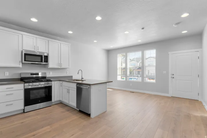 Modern kitchen with white cabinetry and stainless steel appliances