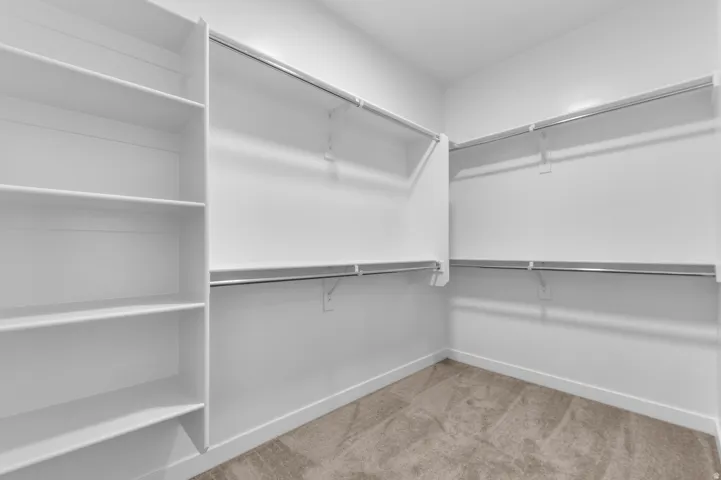 Built-in shelving, chrome hanging rods, and neutral carpeting