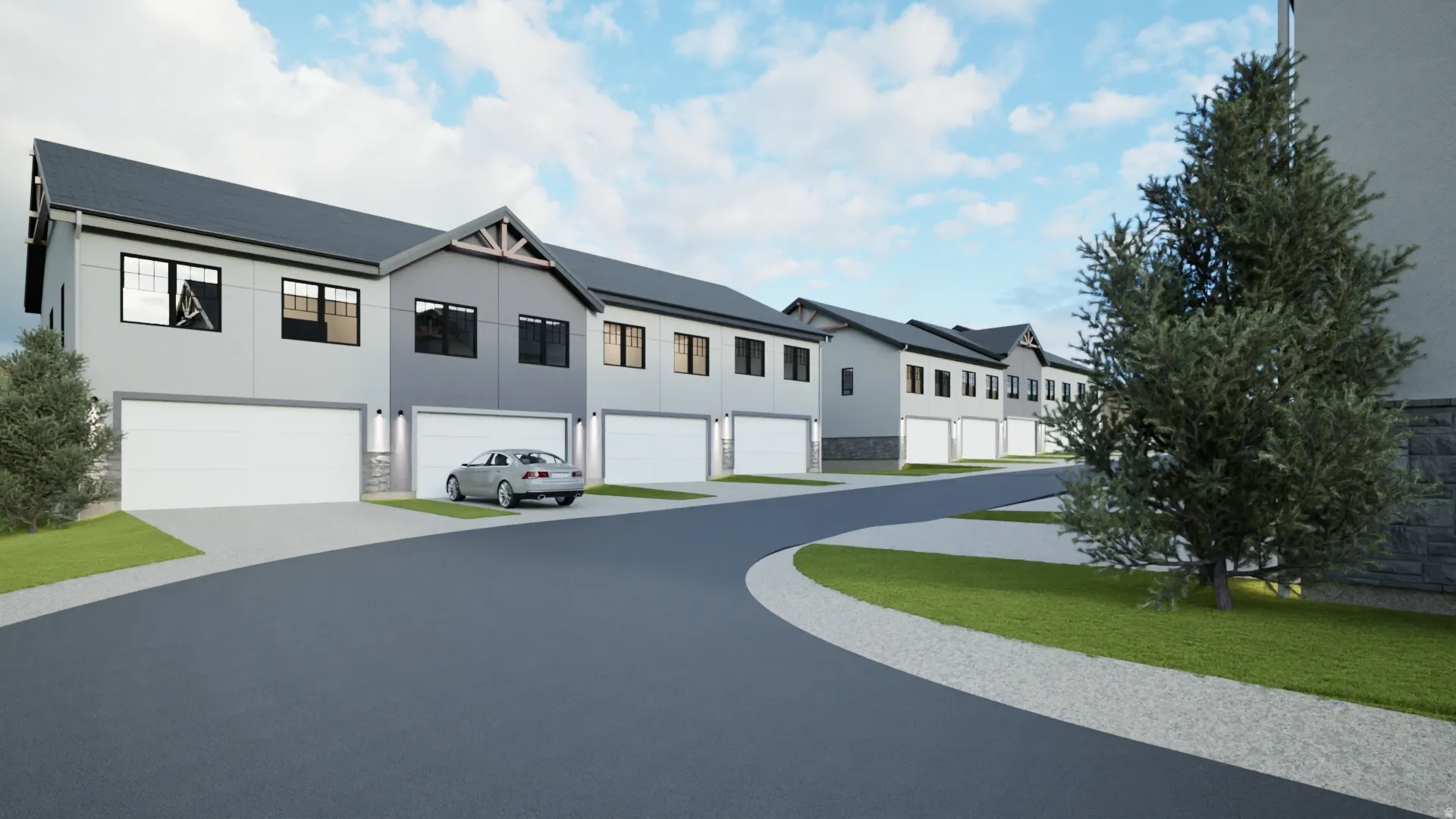 Modern townhome exteriors featuring light gray siding and dark gray accents