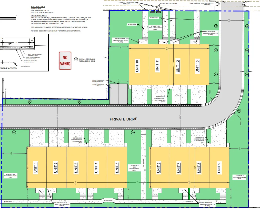 Site Plan. Illustrating the layout of units, private drive, and related site elements for the property