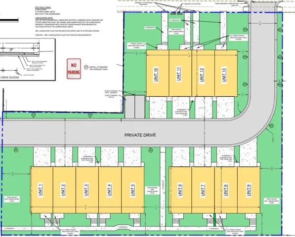 Site Plan. Illustrating the layout of units, private drive, and related site elements for the property