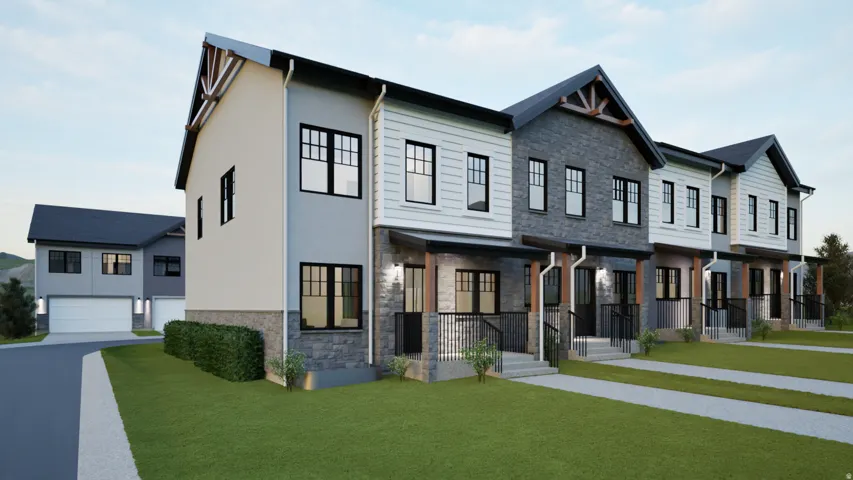 Contemporary townhome architecture featuring varied siding, stone accents, black-framed windows, dark roofing, and covered entryways
