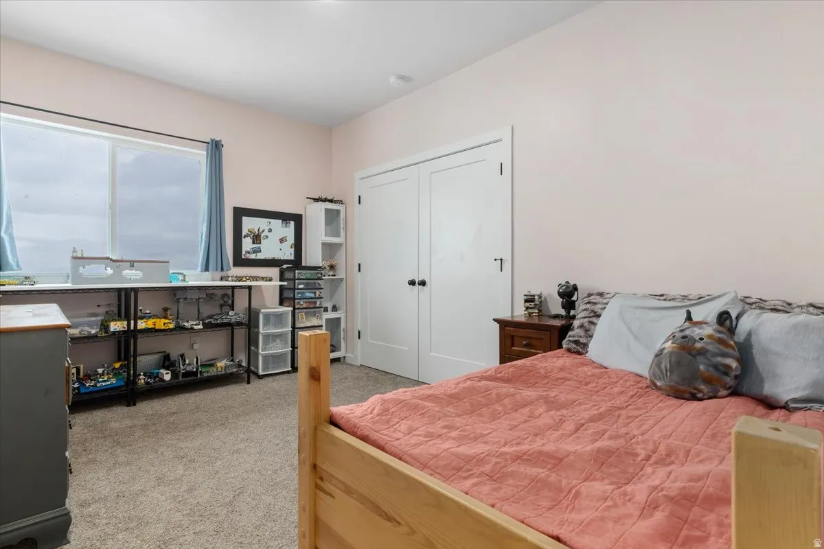 Carpeted room featuring a large window, a built-in closet with double doors, and light-toned walls