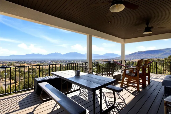 Expansive covered deck featuring composite decking and a black metal railing