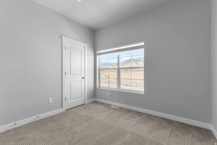 Neutral carpet flooring complements gray wall tones