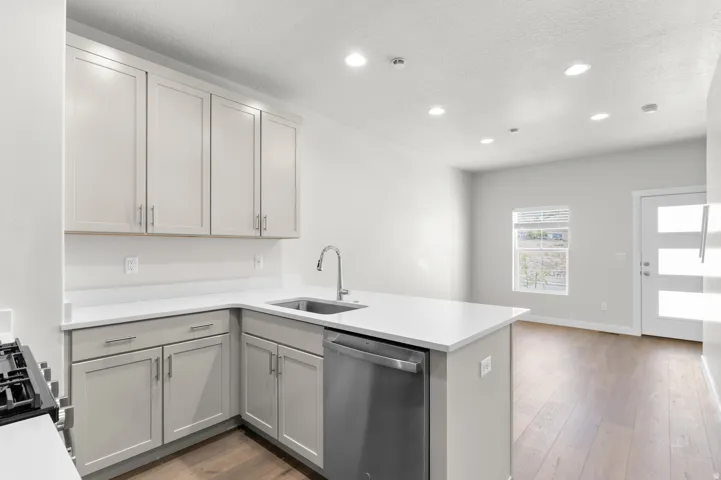 Contemporary kitchen with light-toned cabinetry, stainless steel dishwasher, and a deep basin sink