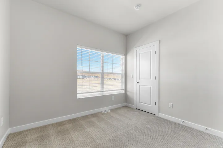 Neutral wall paint, light-toned carpet flooring, white trim, window with horizontal blinds, and a paneled interior door