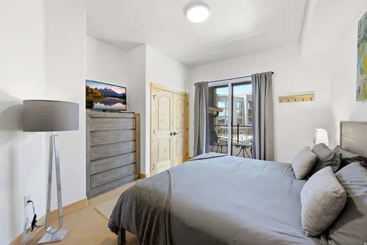 Bedroom featuring a private balcony with sliding glass doors, light wood-finish flooring, two natural wood-paneled doors, and a ceiling-mounted flush light fixture