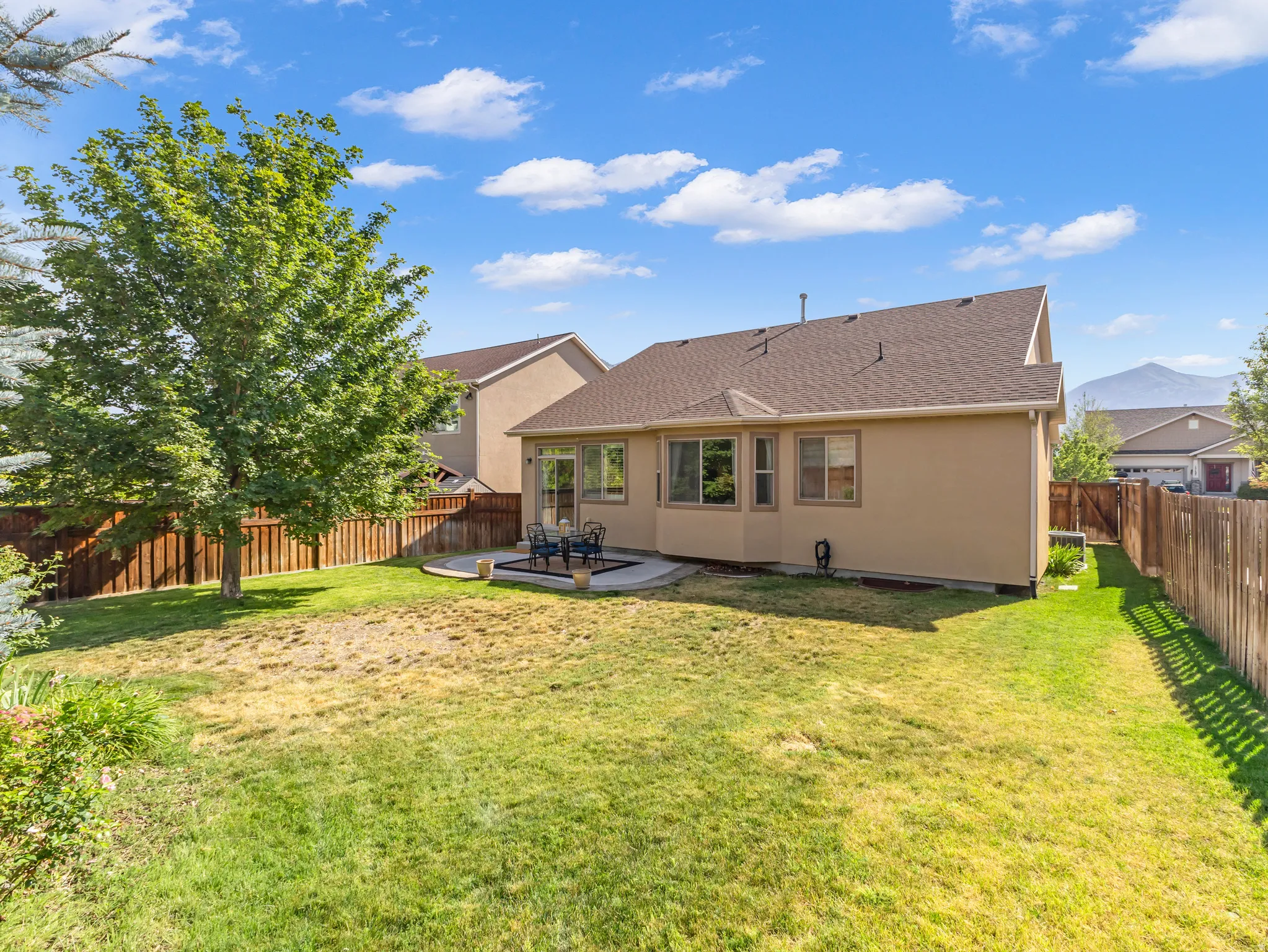 Expansive backyard with a concrete patio, mature tree, and wood privacy fencing