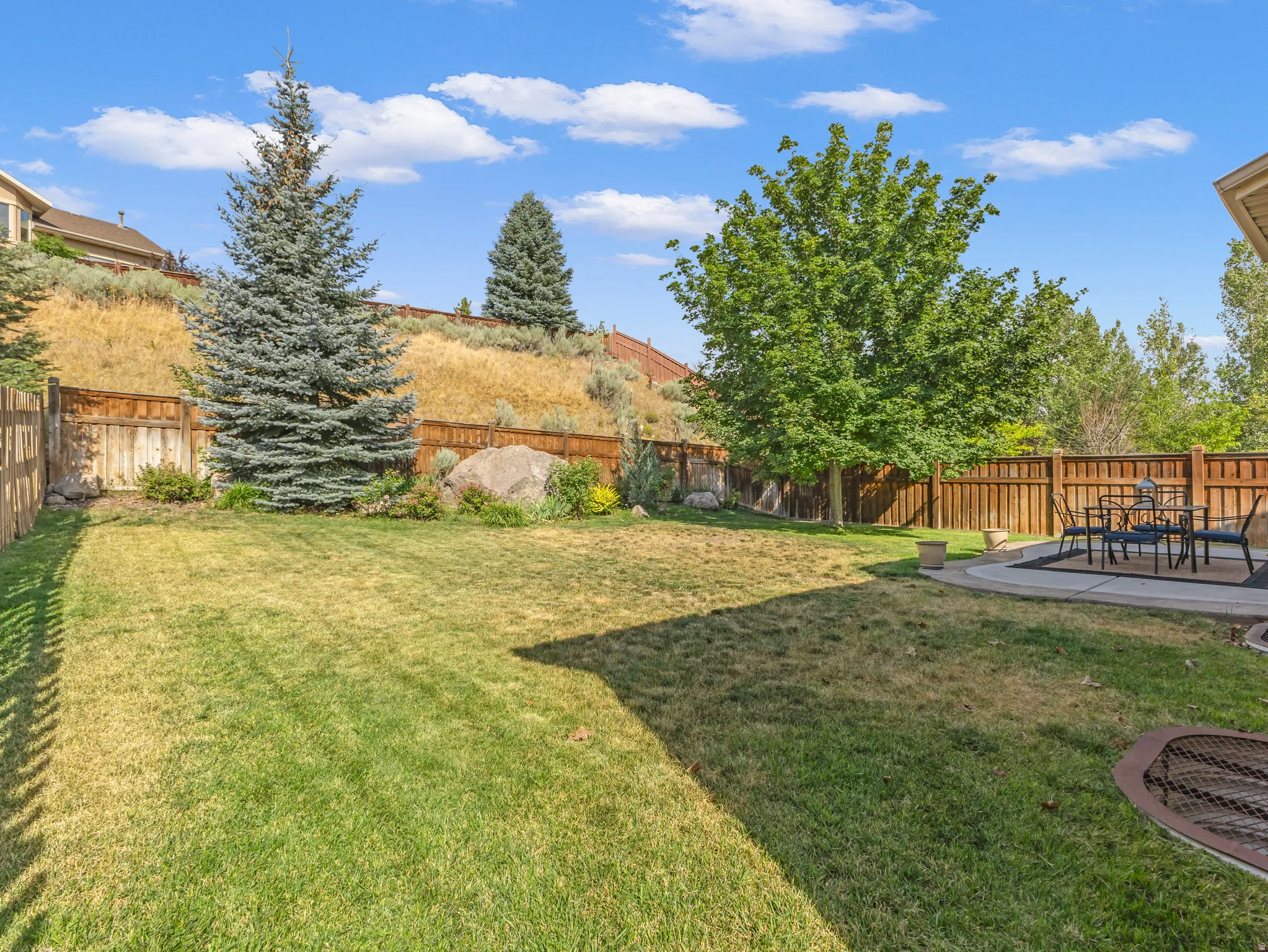 Expansive backyard featuring a lush lawn, mature trees, wood fencing, and a concrete patio