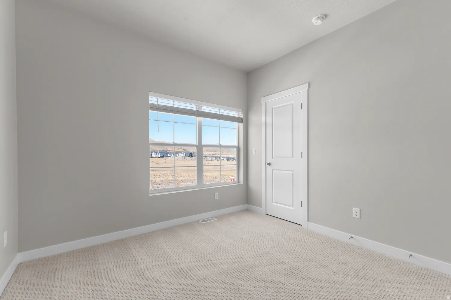 Neutral tone wall paint, light-colored carpeting, white trim work, and a multi-pane window