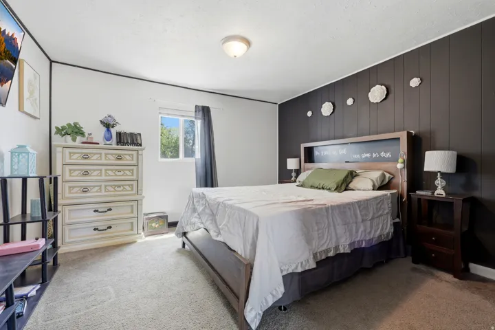 Room featuring a paneled accent wall, neutral carpeting, and a window with natural light
