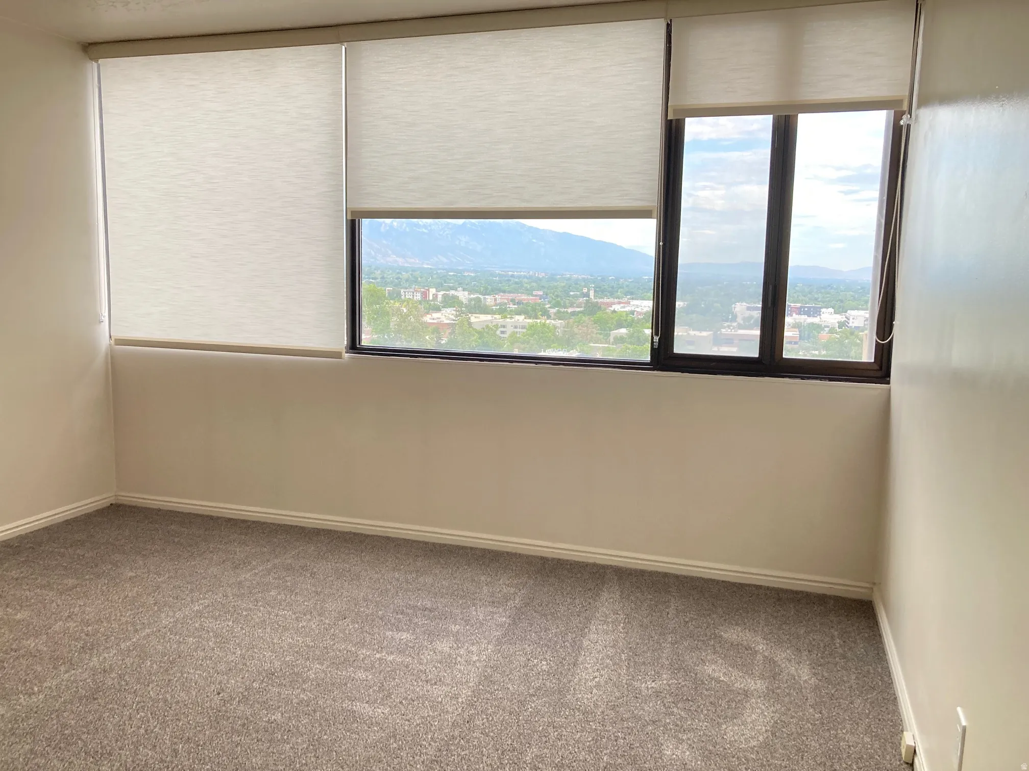 Window wall featuring roller shades and a broad outdoor landscape