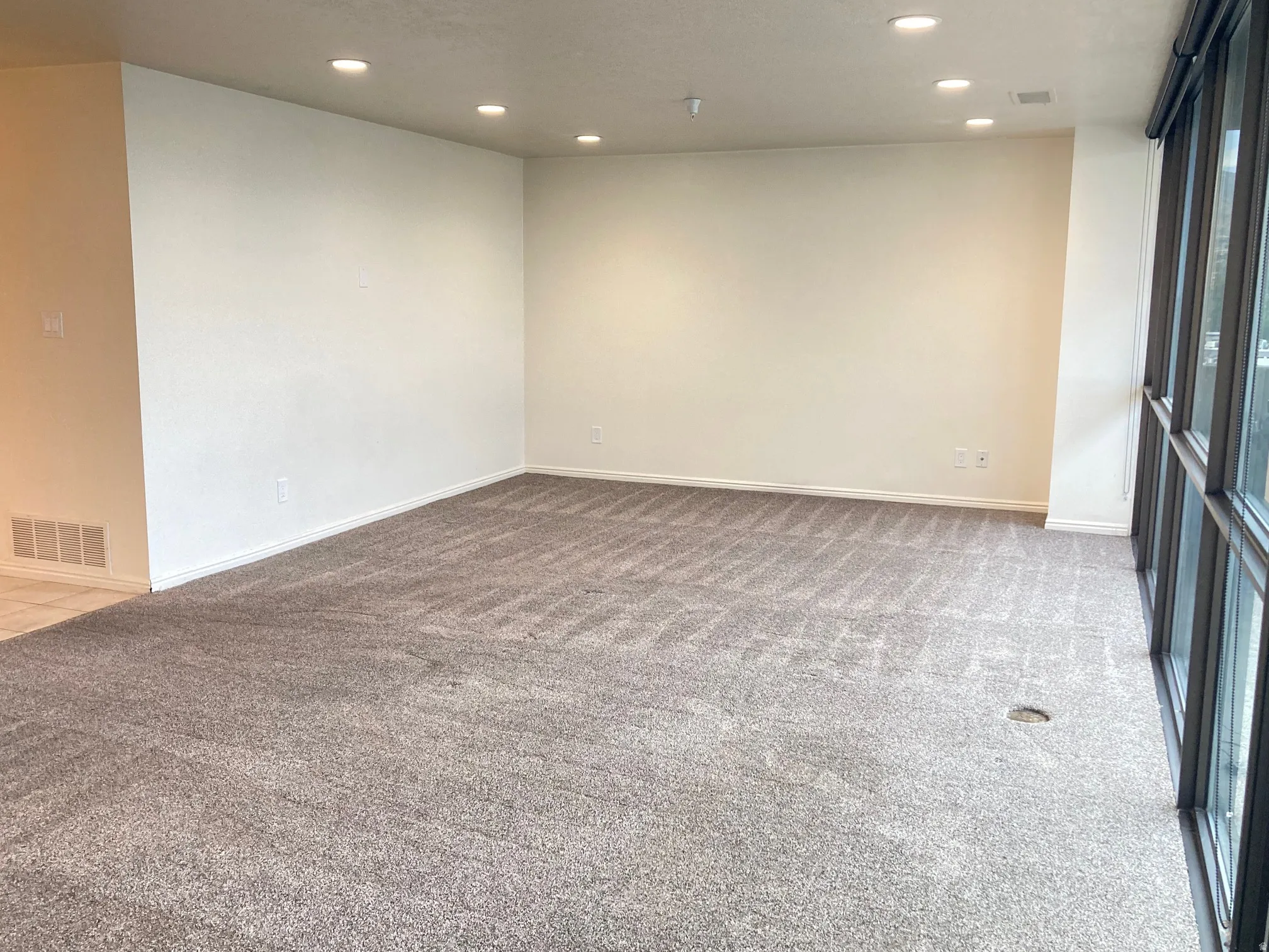 Spacious room featuring neutral carpeting, a large wall of windows, recessed ceiling lighting, and a neutral wall palette