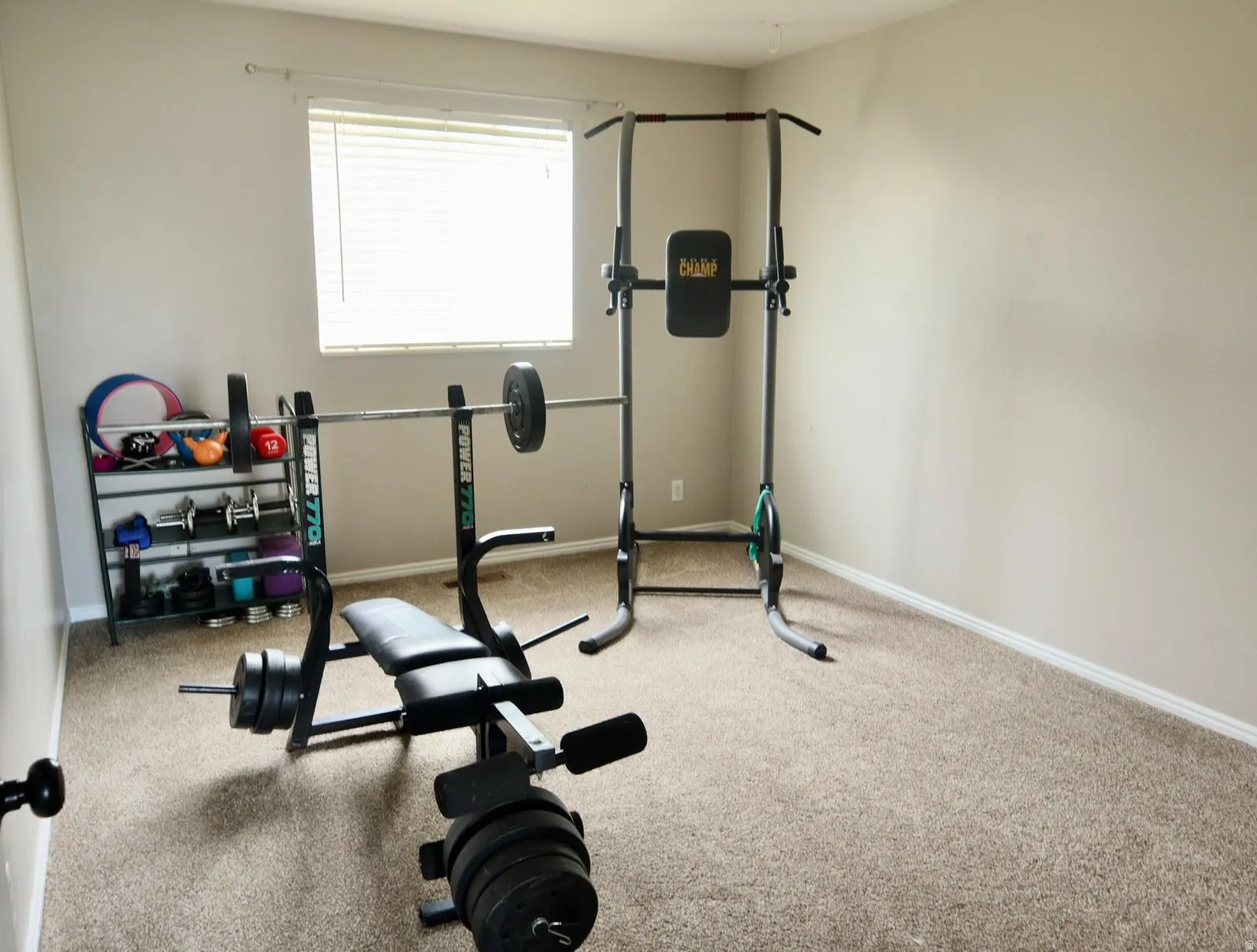 Carpeted interior room with a single window featuring horizontal blinds