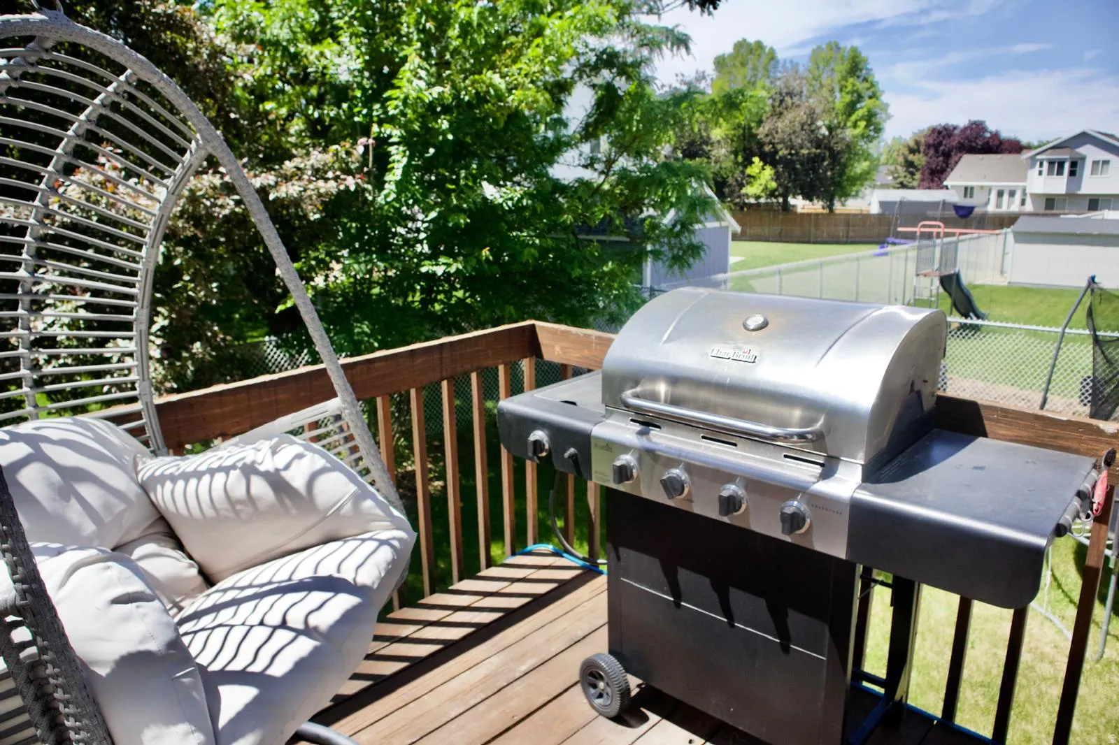 Expansive wood deck with a full railing system