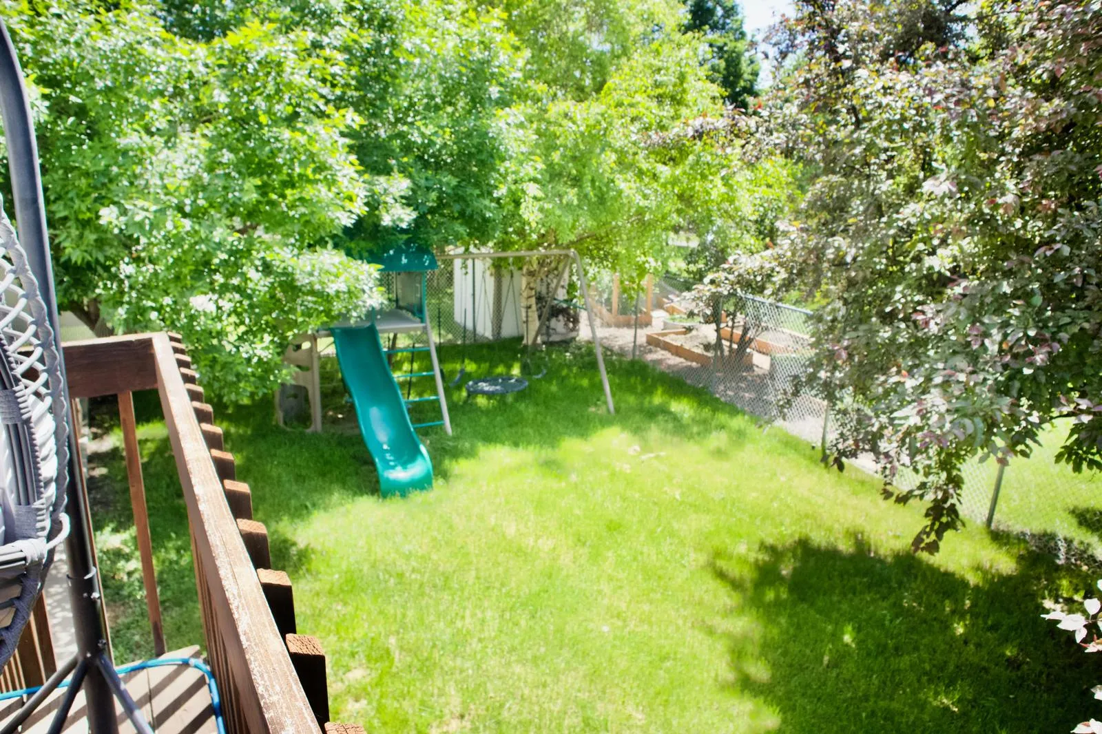 Expansive green lawn surrounded by mature trees, featuring a chain-link fence and visible raised garden beds
