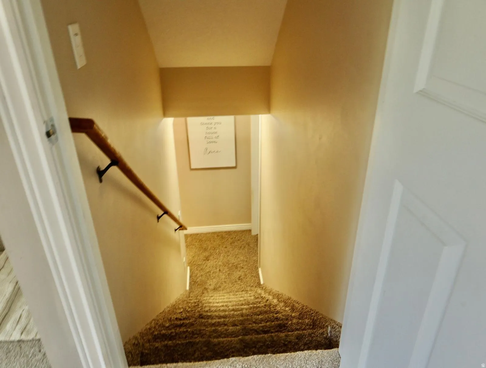 Carpeted staircase with light beige walls and a wood handrail featuring black wrought iron supports