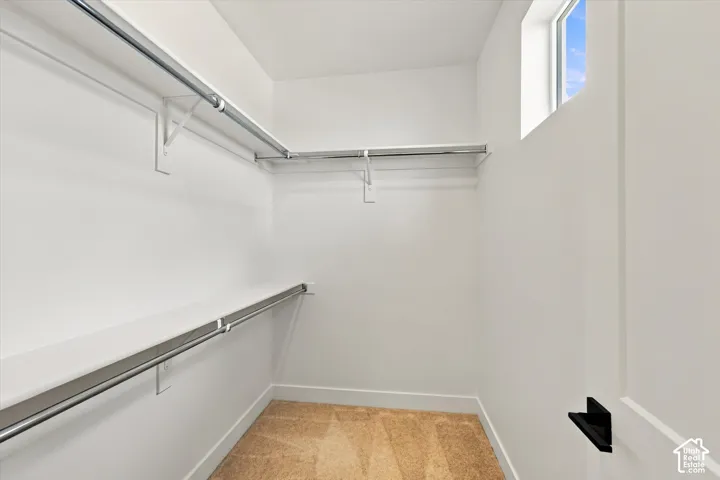Storage space featuring dual-level metal shelving and rods, neutral carpeting, and a high-set window