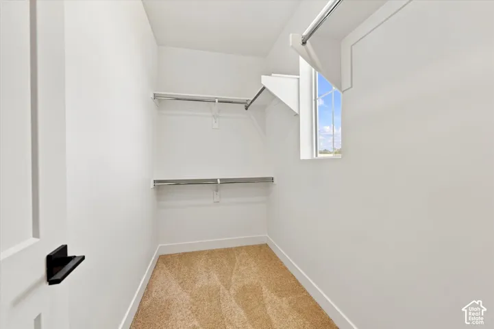 Walk-in closet featuring carpeted flooring, white walls, dual-level metal shelving rods, and a single-pane window