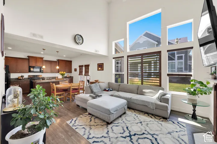 Vaulted ceiling living space featuring abundant natural light, wood-finish flooring, and an open-concept kitchen with dark wood cabinetry