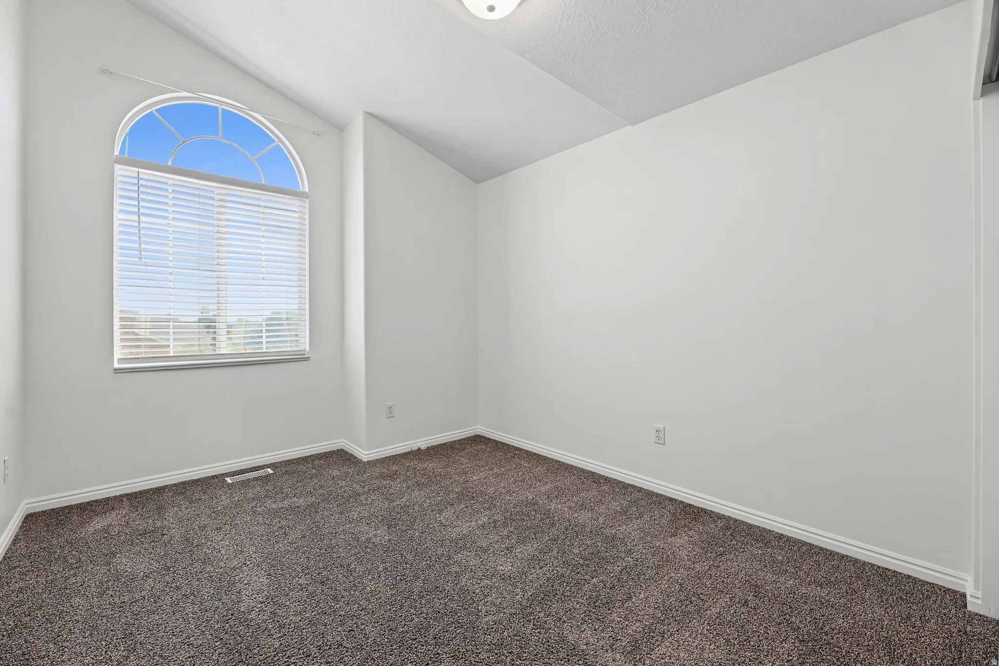 Arched window featuring horizontal blinds, high vaulted ceiling, neutral wall tones, plush gray carpet, and white baseboards