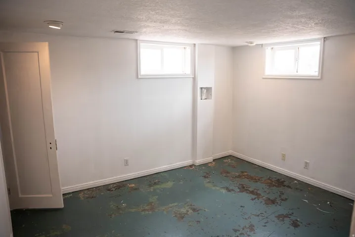 Spacious lower-level room featuring two windows, white trim, and a paneled door