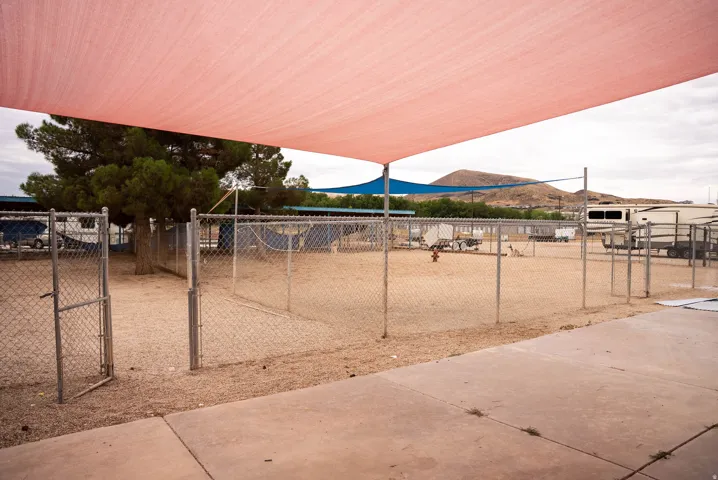 Expansive outdoor area featuring a large pink shade canopy and concrete patio