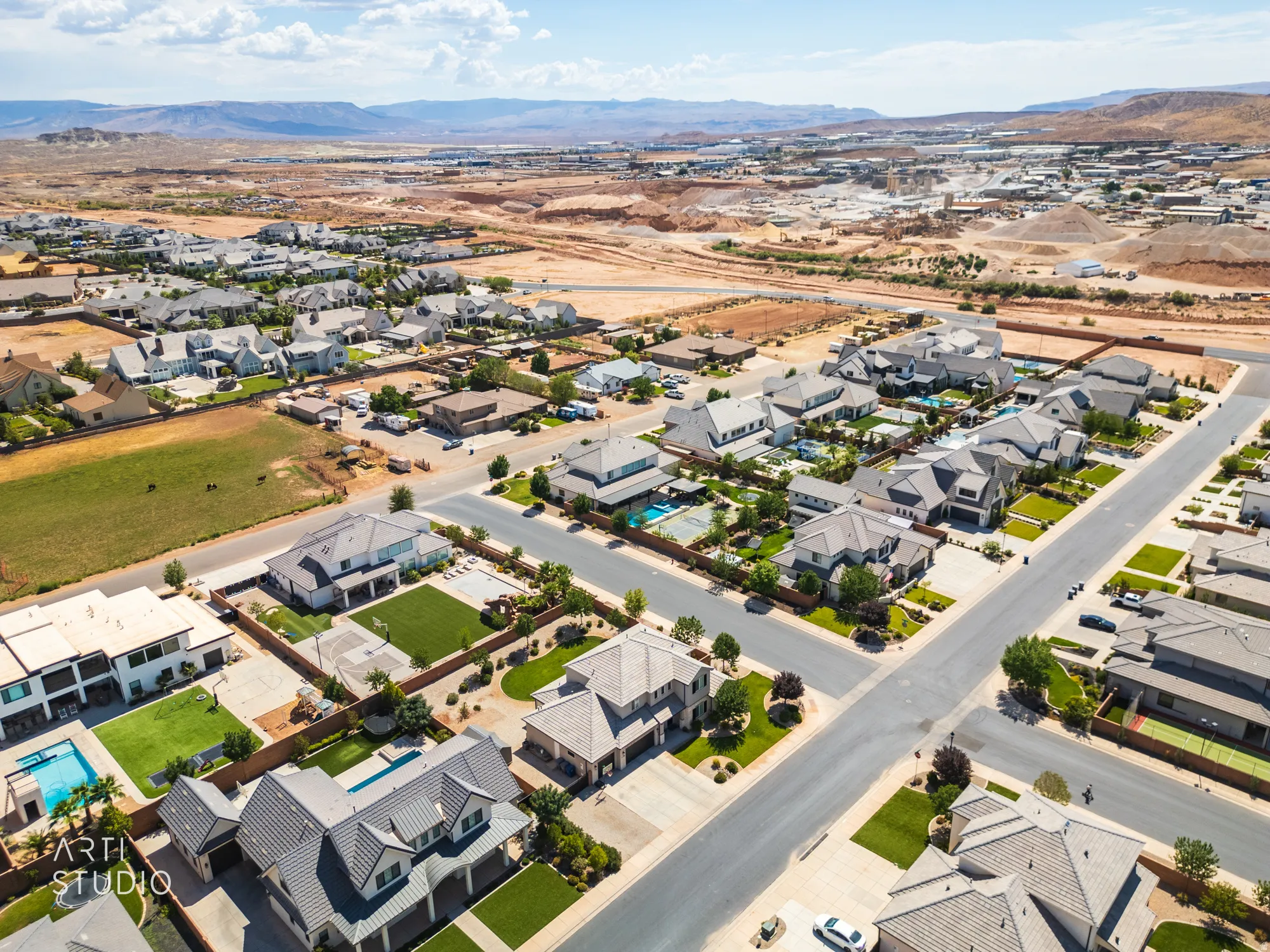 Aerial perspective showcasing a residential neighborhood with varied architectural styles