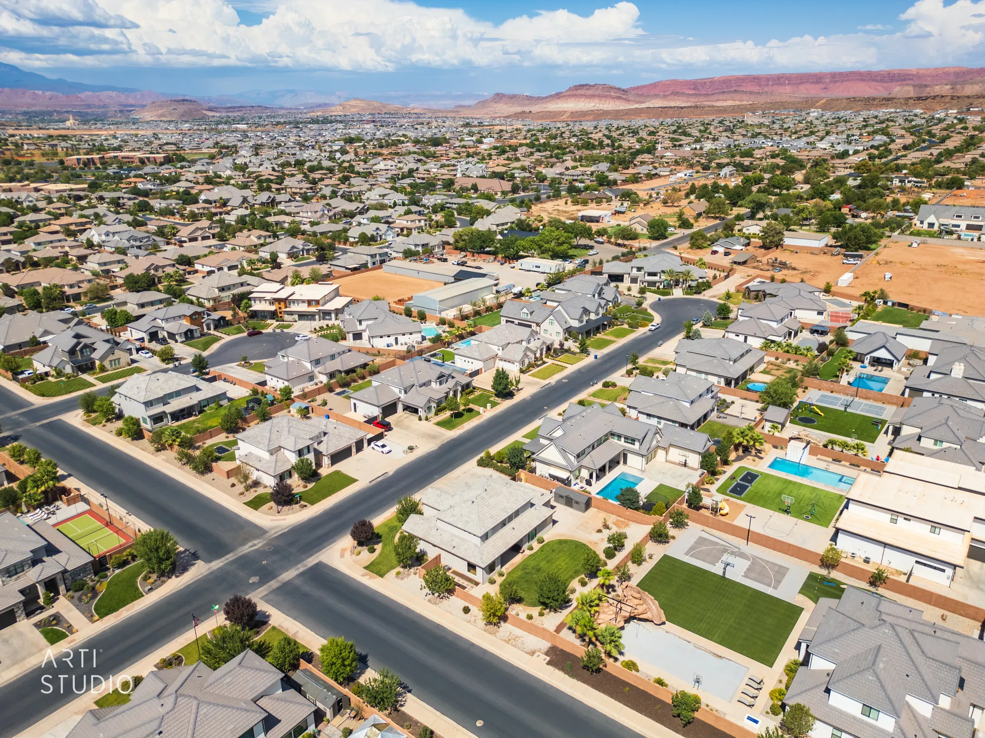 Expansive residential development featuring a mix of single-family residences with varied architectural styles