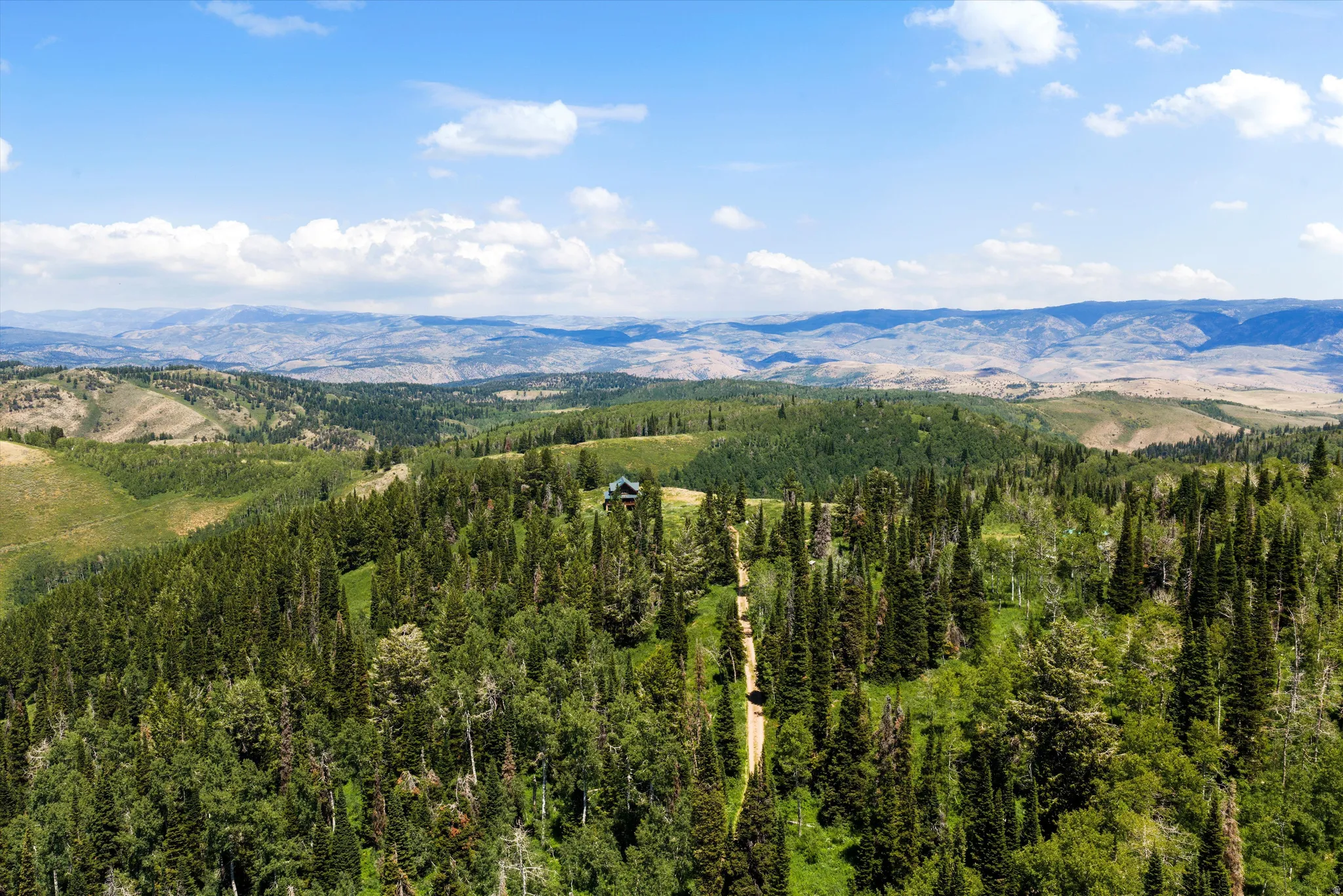 Mountainous terrain featuring diverse tree cover and a structure nestled among the trees