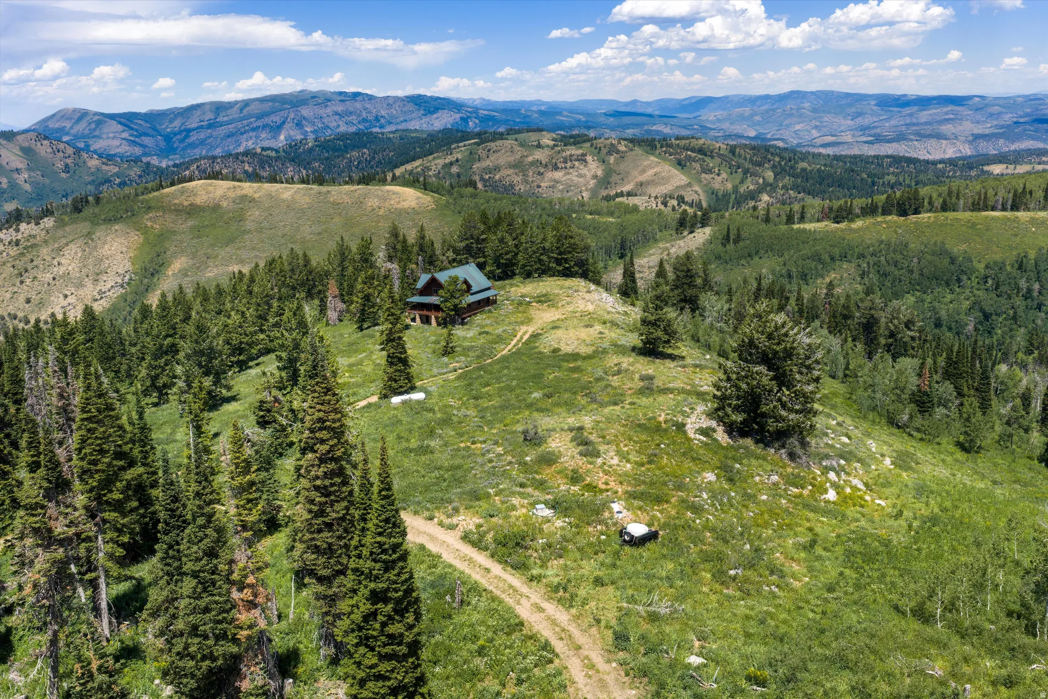Expansive mountain property featuring a cabin-style residence with a green roof, surrounded by mature evergreen trees and rolling green hills