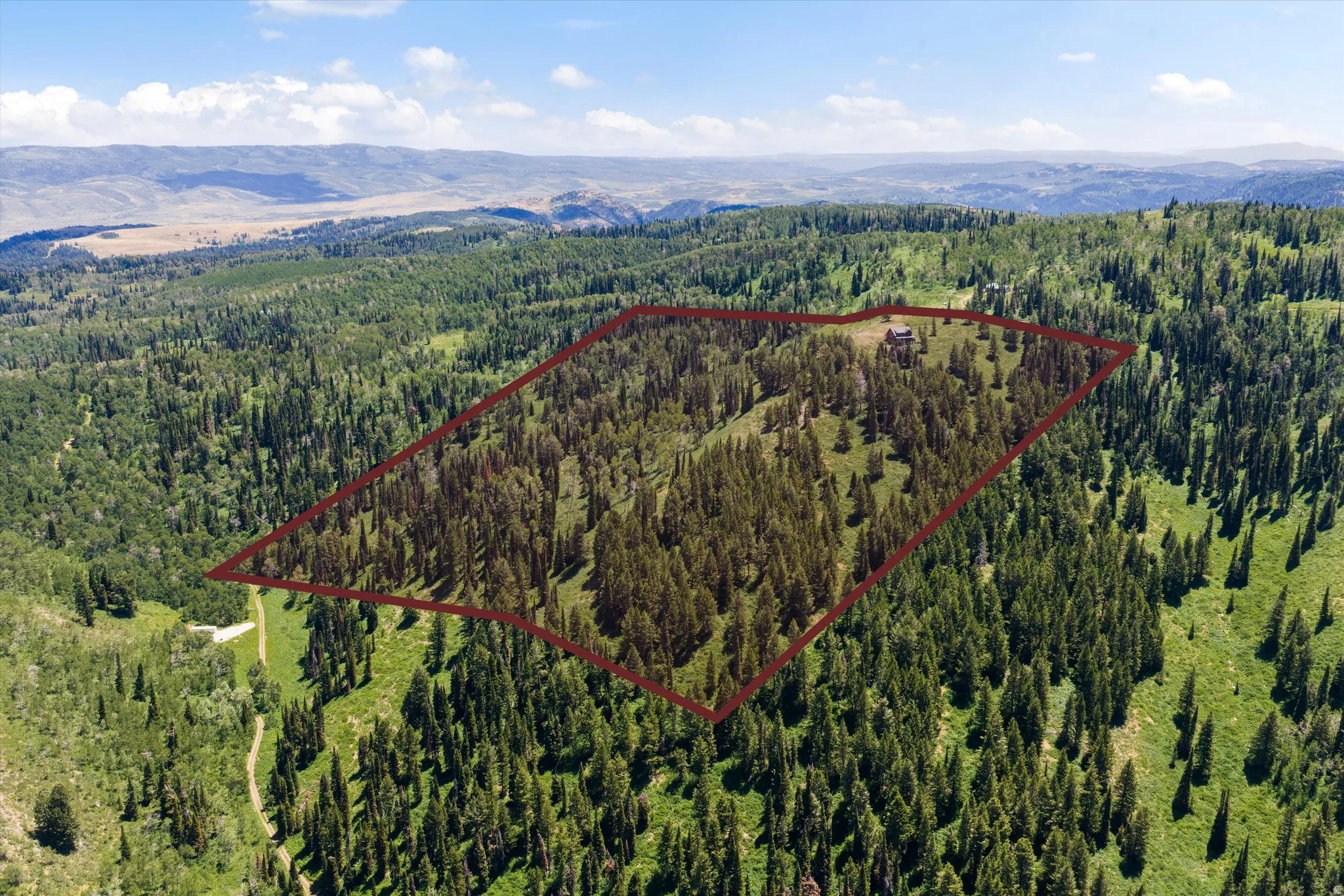 Expansive mountainous landscape with a prominent tree-covered parcel outlined in red