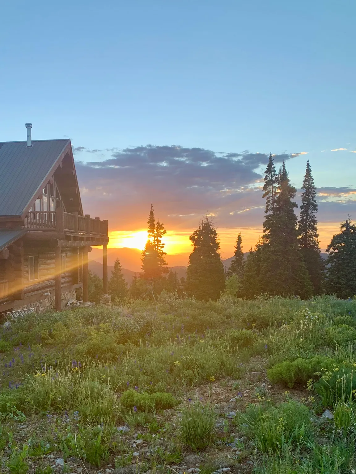 Log cabin exterior with a metal roof and a spacious balcony