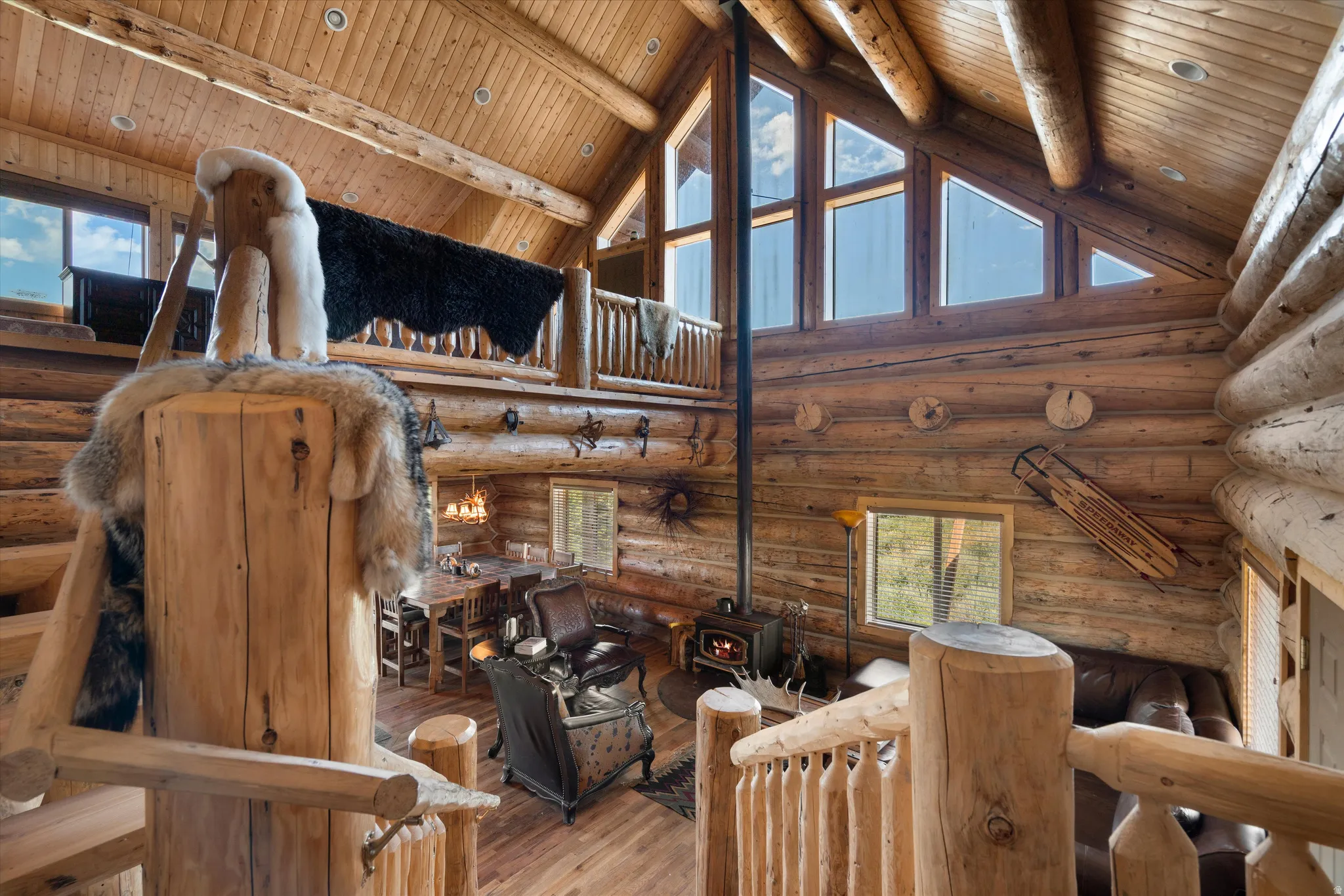 Vaulted wood-paneled ceilings with exposed beams