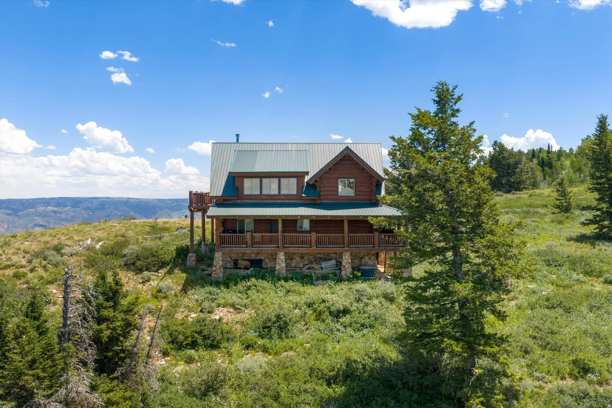 Mountain-style home featuring wood siding and a metal roof