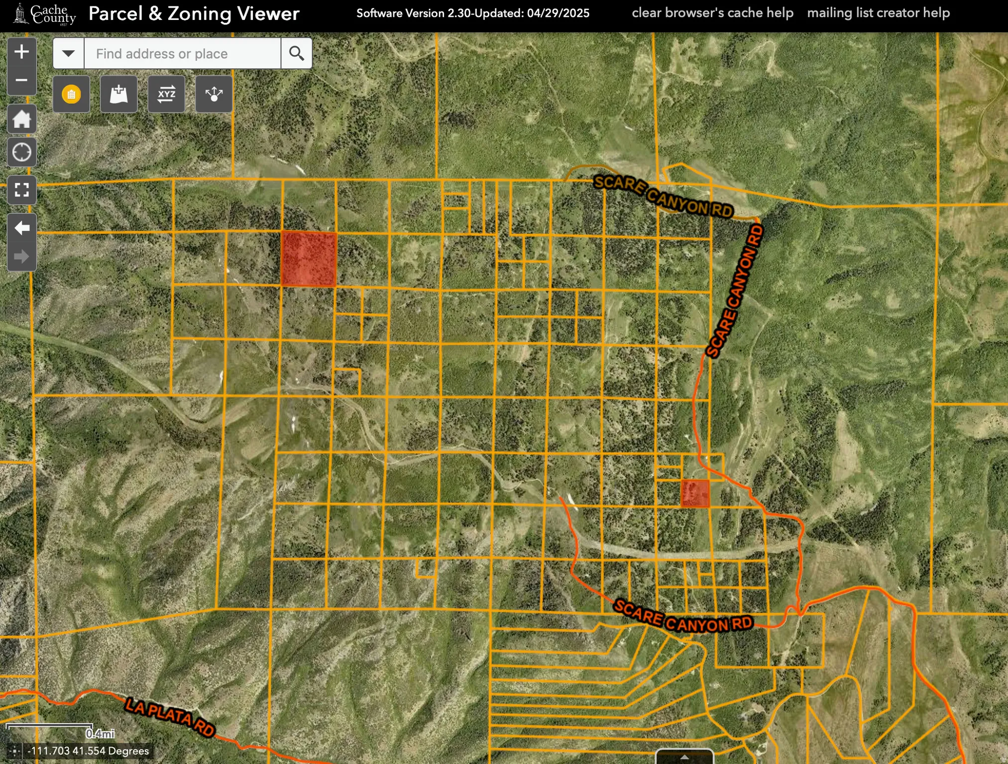 Cache County Parcel & Zoning Viewer. Displaying parcel boundaries, zoning information, and road infrastructure for the property