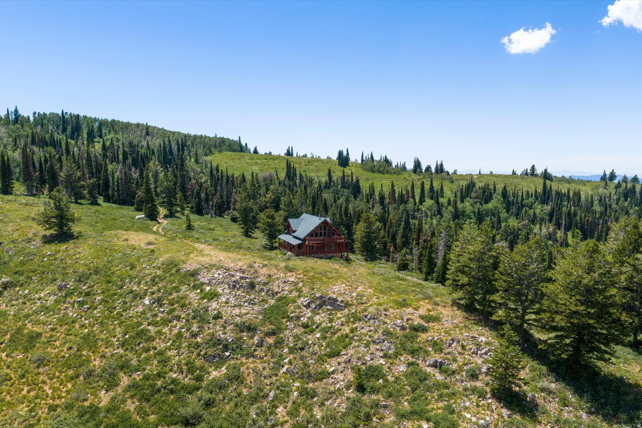 Wood-sided cabin with a dark-pitched roof, nestled on a hillside