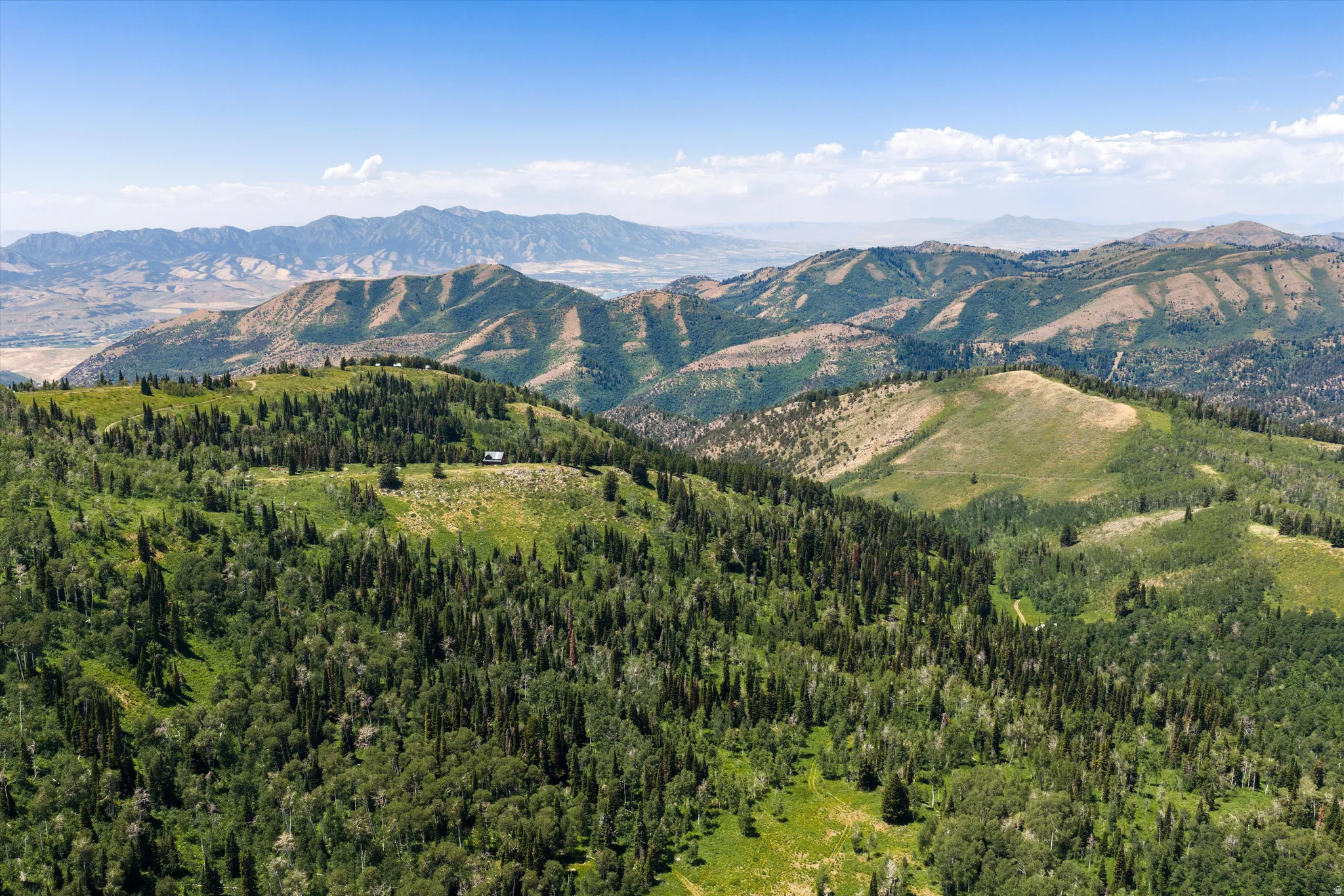 Expansive mountain landscape featuring varied terrain, a dense forest, and distant mountain ranges under a clear sky