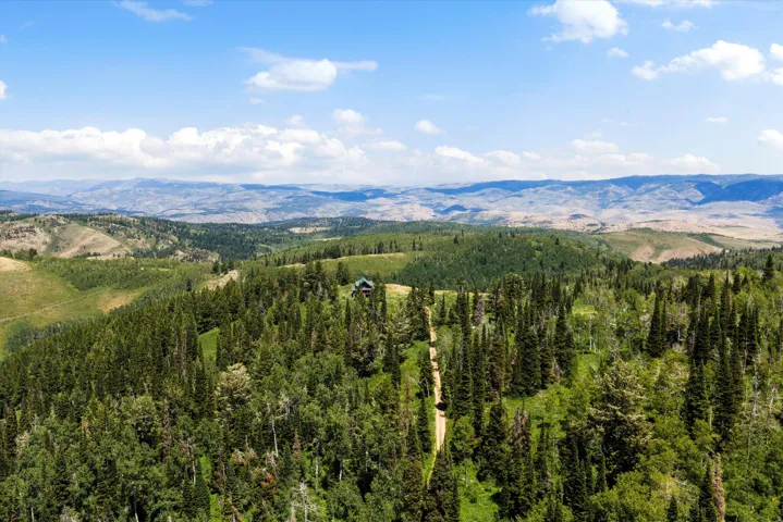 Mountainous terrain featuring diverse tree cover and a structure nestled among the trees