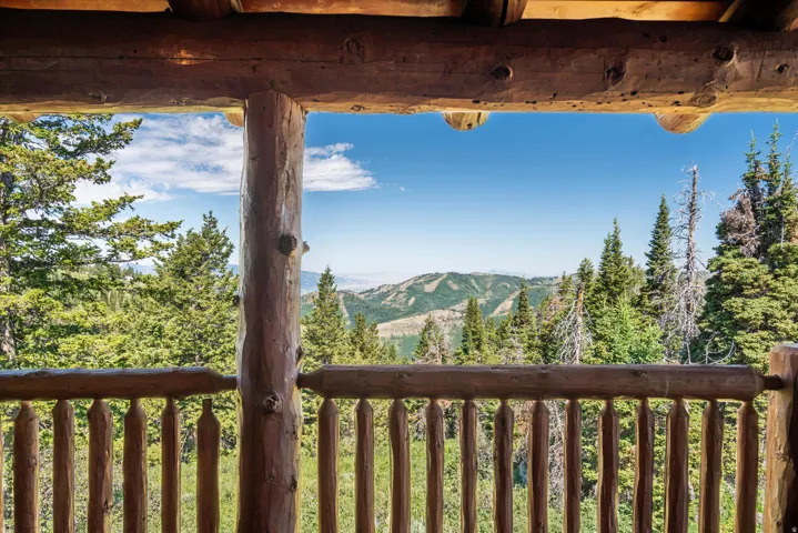 Balcony with natural log construction, log railings, and a mountain landscape featuring abundant evergreen trees