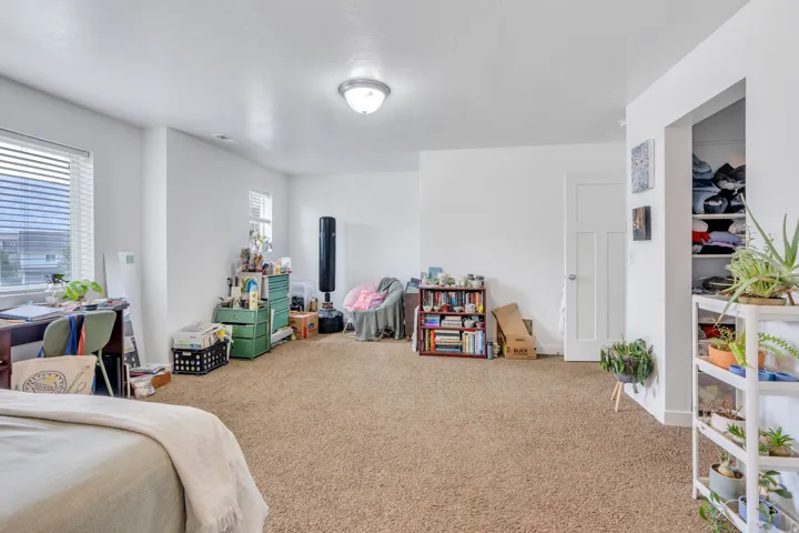 Carpeted room with white walls, two windows featuring blinds, a built-in closet with shelving, a white paneled door, and a flush-mount ceiling light fixture