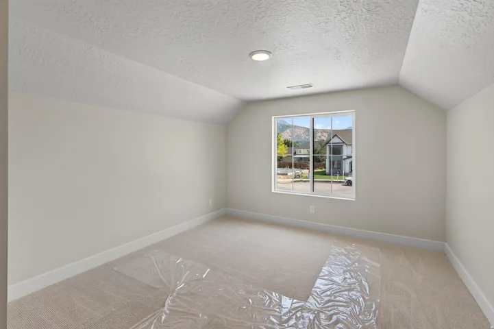 Vaulted ceiling, carpeted flooring, recessed lighting, white trim, and a window with grid pattern