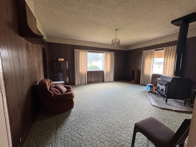 Living area featuring wood paneling, a wood-burning stove, patterned carpeting, and multiple windows with drapery
